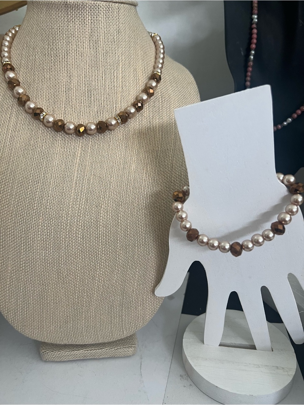 Champagne Pearl Necklace and Bracelet